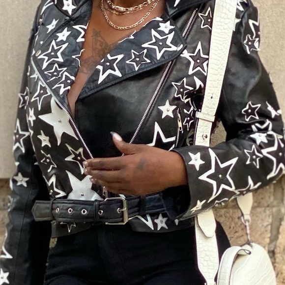 Star Embroidered Moto Leather Jacket: Elevate your leather game! - Picture 5 of 6